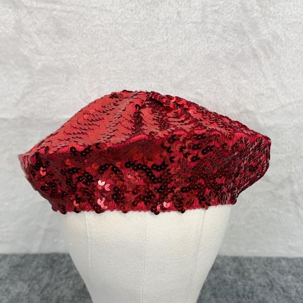 Hat Beret Womens One Size Red Sequin Knit Lightweight Party‎ Cocktail Statement